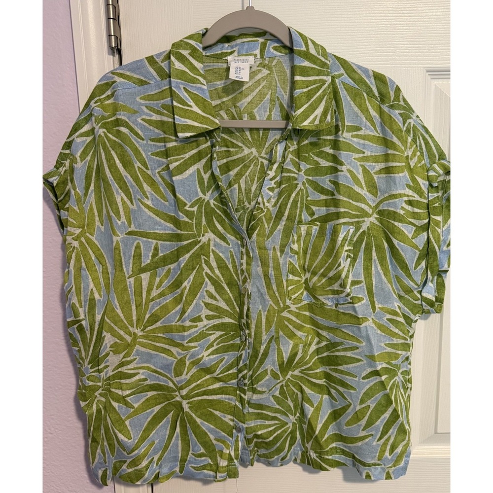 Sigrid Olsen 100% Linen Top XL Green Tropical Leaf Print Boxy Square Lightweight